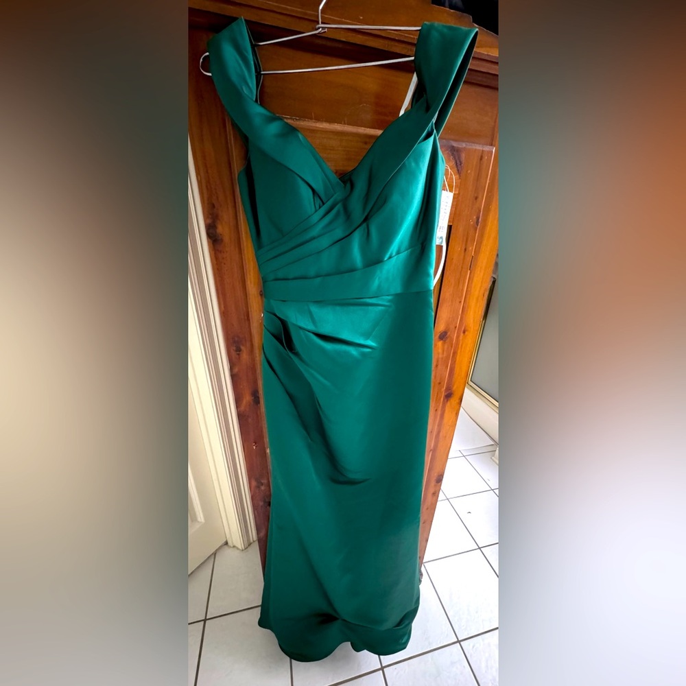 Emerald green satin evening gown